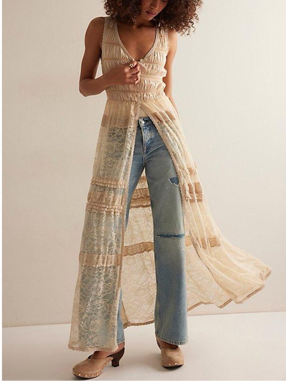 Free People Sweet Saloon Sleeveless Maxi Cream Tan Lace Bodysuit Dress Duster